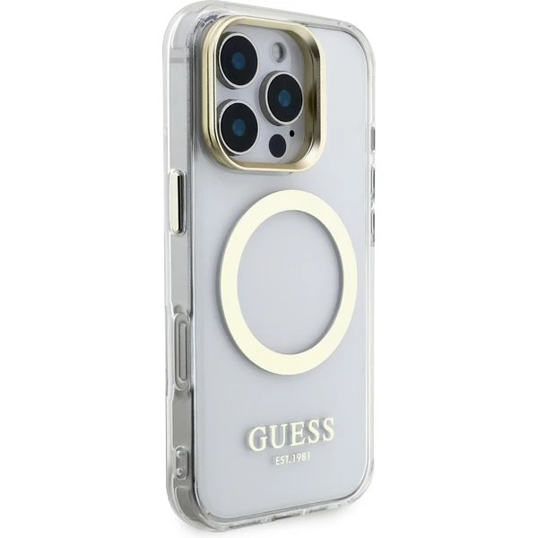 Guess IML Gold Outline Stand Camera Frame MagSafe kryt iPhone 16 Pro Max priehľadný