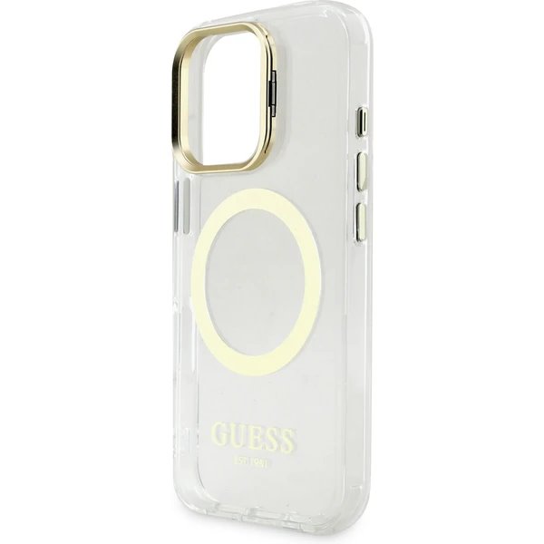 Guess IML Gold Outline Stand Camera Frame MagSafe kryt iPhone 16 Pro Max priehľadný