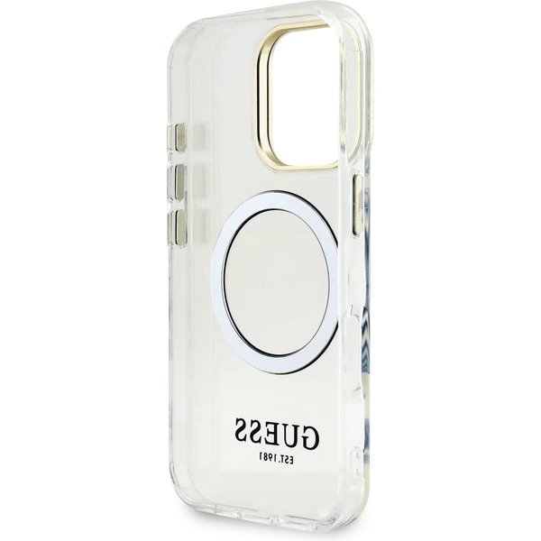Guess IML Gold Outline Stand Camera Frame MagSafe kryt iPhone 16 Pro Max priehľadný
