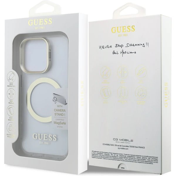 Guess IML Gold Outline Stand Camera Frame MagSafe kryt iPhone 16 Pro Max priehľadný