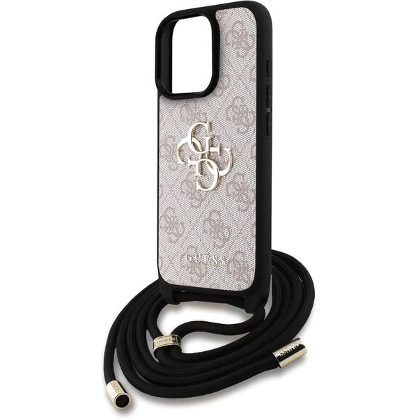 Guess PU 4G Metal Logo Crossbody Popruh kryt iPhone 16 Pro Max ružový