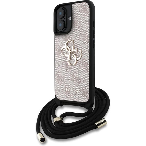 Guess PU 4G Metal Logo Crossbody Popruh kryt iPhone 16 ružový