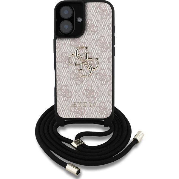 Guess PU 4G Metal Logo Crossbody Popruh kryt iPhone 16 ružový