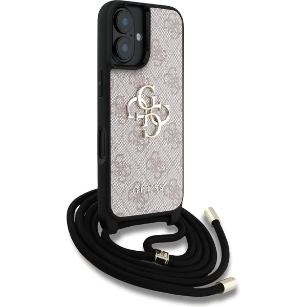 Guess PU 4G Metal Logo Crossbody Popruh kryt iPhone 16 ružový