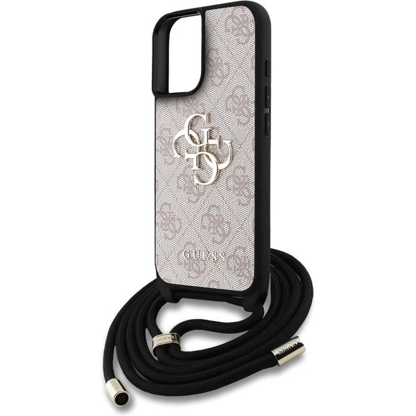 Guess PU 4G Metal Logo Crossbody Popruh kryt iPhone 16 ružový