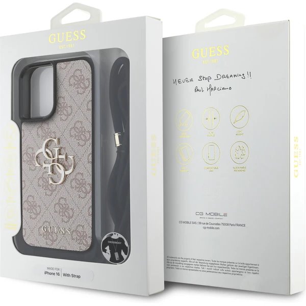 Guess PU 4G Metal Logo Crossbody Popruh kryt iPhone 16 ružový