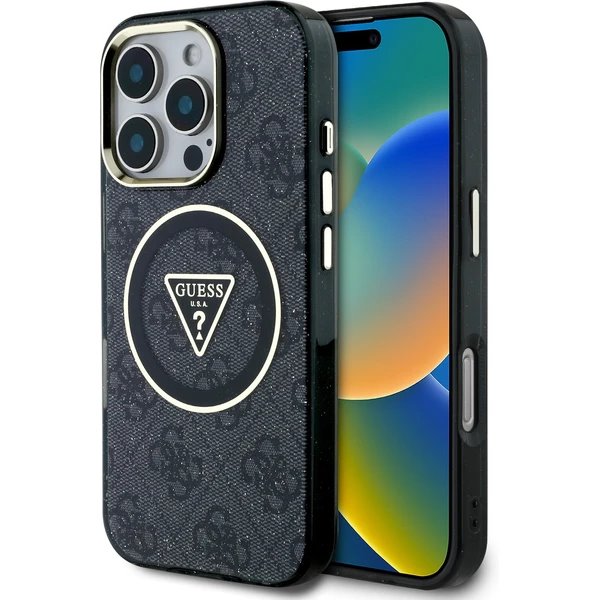 Guess IML 4G Glitter and Triangle Logo MagSafe kryt iPhone 16 Pro Max čierny