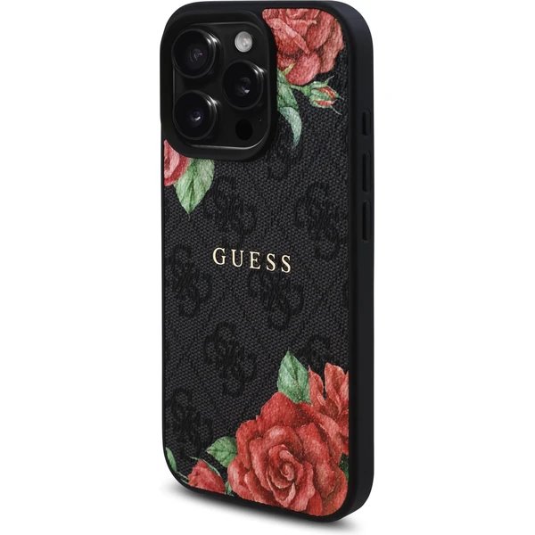 Guess PU Leather 4G Roses MagSafe kryt iPhone 16 Pro čierny