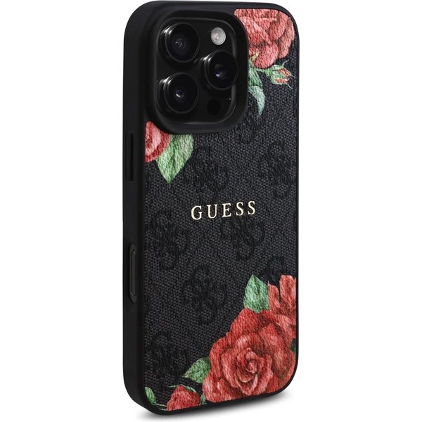 Guess PU Leather 4G Roses MagSafe kryt iPhone 16 Pro čierny