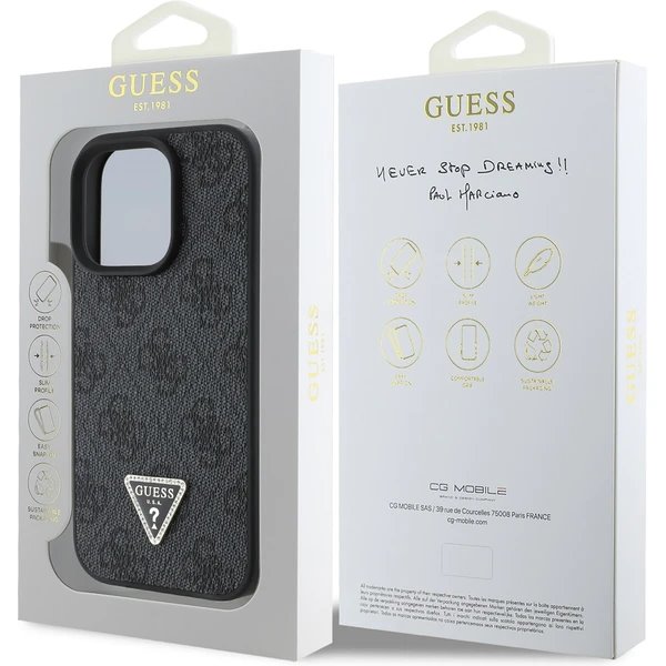 Guess PU 4G Strass Triangle Metal Logo kryt iPhone 16 Pro Max čierny