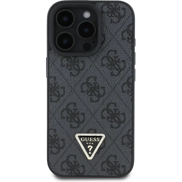 Guess PU 4G Strass Triangle Metal Logo kryt iPhone 16 Pro čierny