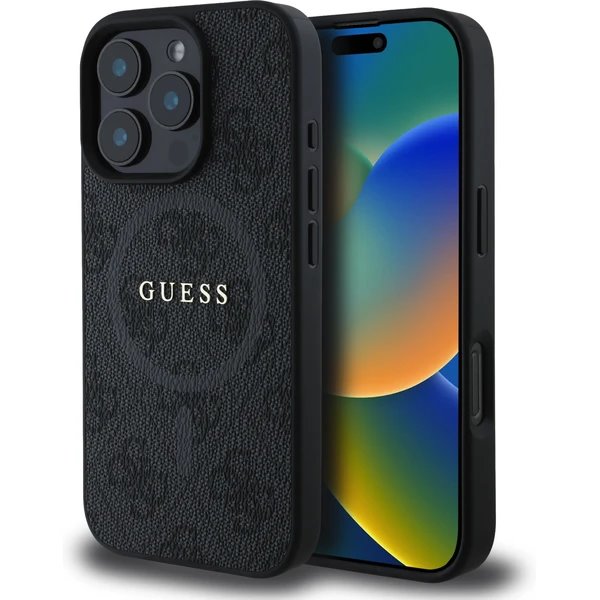 Guess PU Leather 4G Colored Ring MagSafe kryt iPhone 16 Pro černý