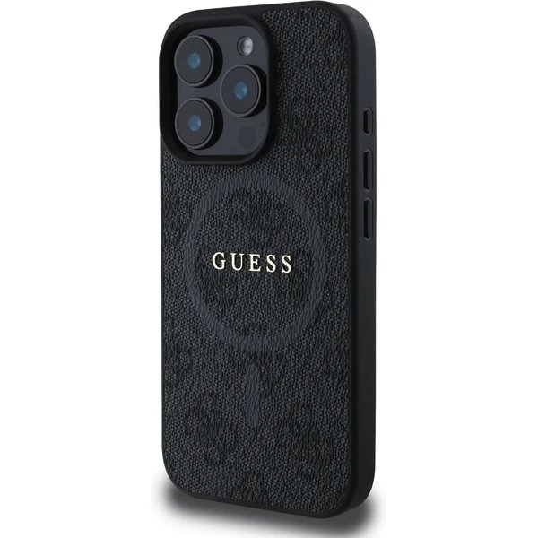 Guess PU Leather 4G Colored Ring MagSafe kryt iPhone 16 Pro černý
