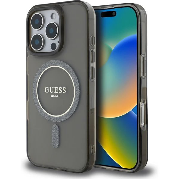 Guess IML Glitter Ring MagSafe kryt iPhone 16 Pro čierny