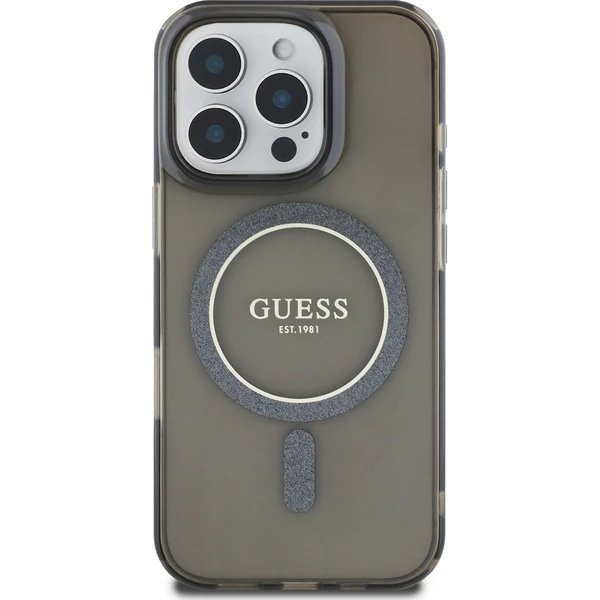 Guess IML Glitter Ring MagSafe kryt iPhone 16 Pro čierny