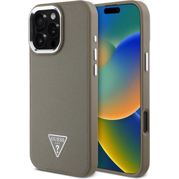 Guess PU Grained Triangle Logo MagSafe kryt iPhone 16 Pro Max hnedý