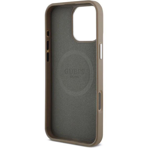 Guess PU Grained Triangle Logo MagSafe kryt iPhone 16 Pro Max hnedý