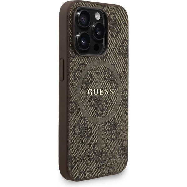 Guess PU Leather 4G Colored Ring Strap MagSafe kryt iPhone 15 Pro hnědý