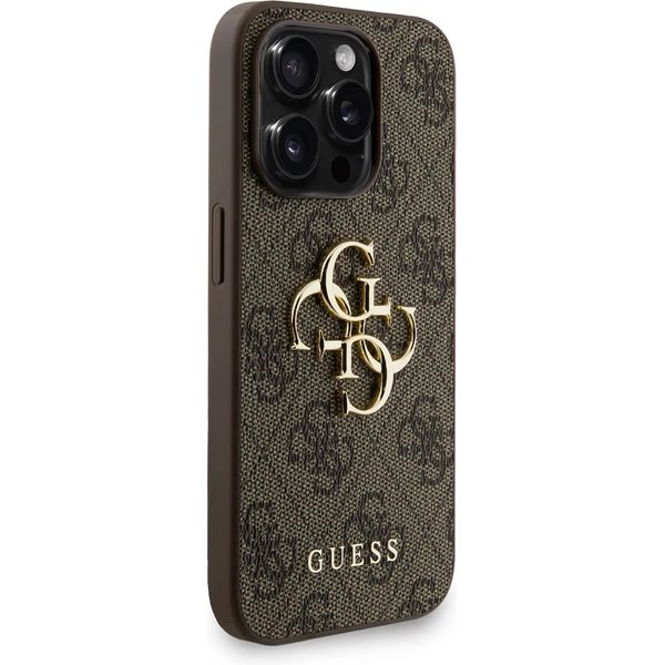 Guess PU 4G Metal Logo Strap kryt iPhone 15 Pro hnedý