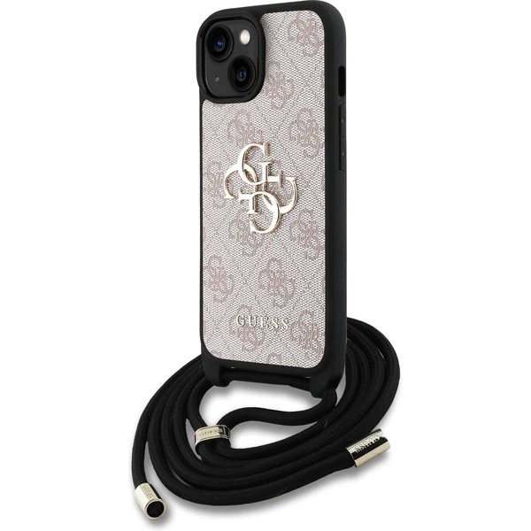 Guess PU 4G Metal Logo Crossbody Popruh kryt iPhone 15 ružový