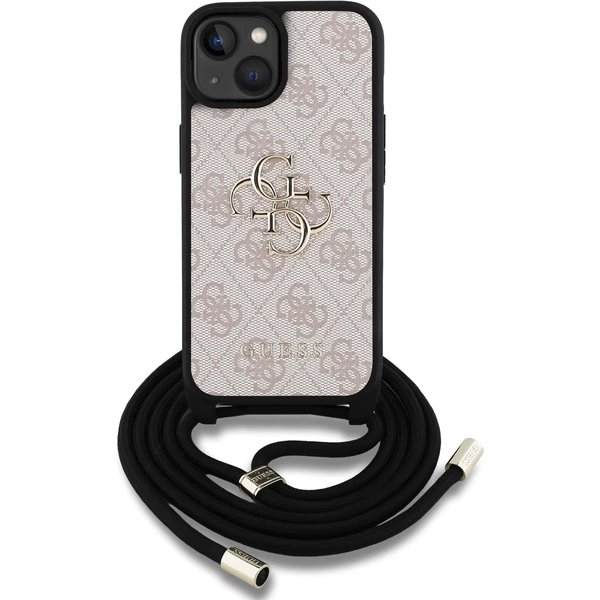 Guess PU 4G Metal Logo Crossbody Popruh kryt iPhone 15 ružový