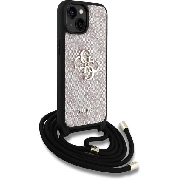 Guess PU 4G Metal Logo Crossbody Popruh kryt iPhone 15 ružový