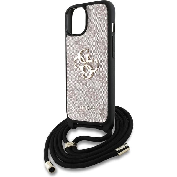 Guess PU 4G Metal Logo Crossbody Popruh kryt iPhone 15 ružový