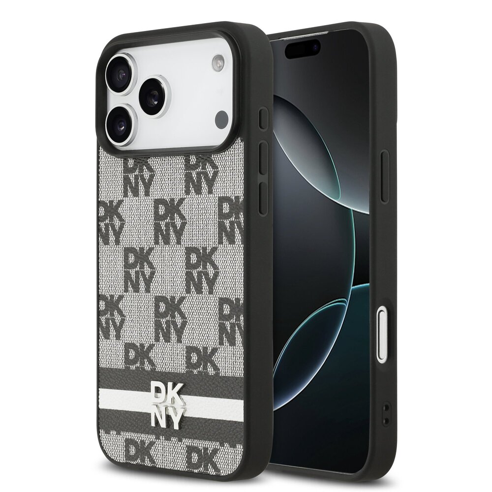 DKNY PU Leather Checkered Pattern and Stripe kryt iPhone 17 Pro Max čierny