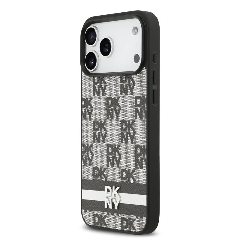 DKNY PU Leather Checkered Pattern and Stripe kryt iPhone 17 Pro Max čierny