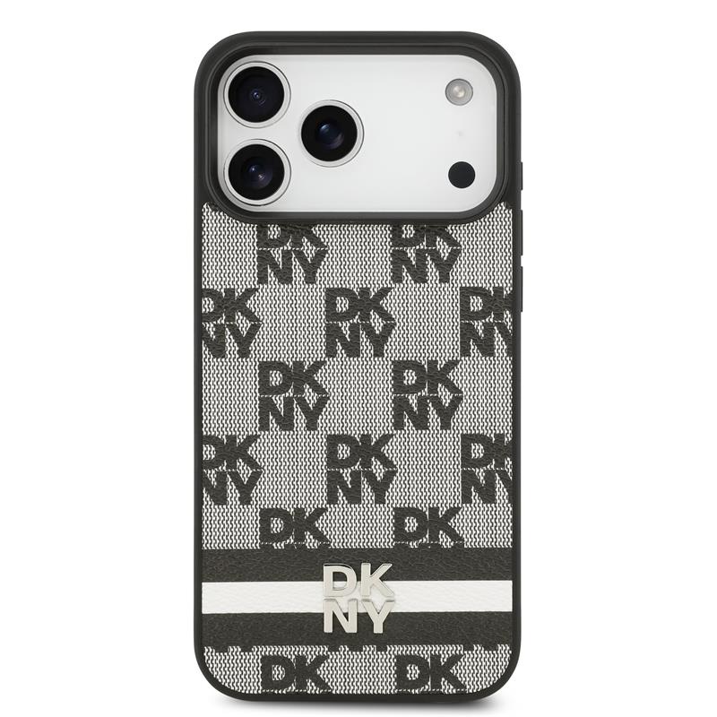 DKNY PU Leather Checkered Pattern and Stripe kryt iPhone 17 Pro Max čierny