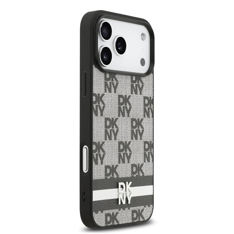 DKNY PU Leather Checkered Pattern and Stripe kryt iPhone 17 Pro Max čierny