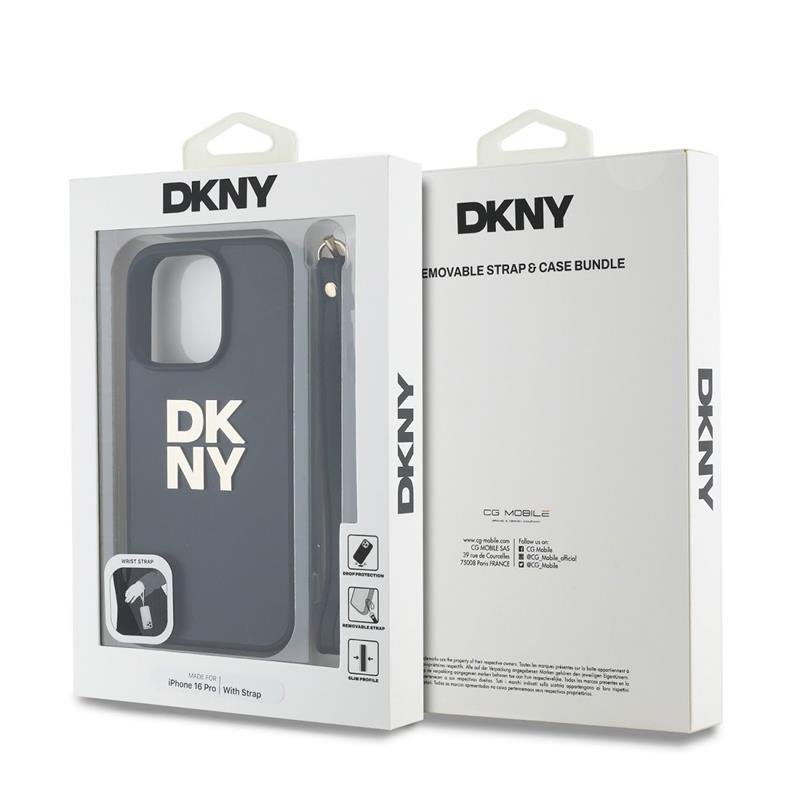 DKNY PU Leather Stack Logo Wrist Strap kryt iPhone 16 Pro čierny