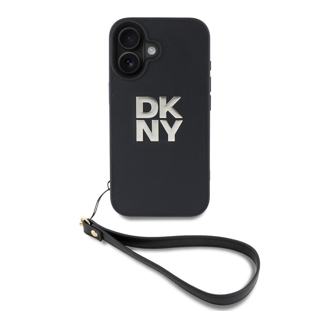 DKNY PU Leather Stack Logo Wrist Strap kryt iPhone 16 čierny