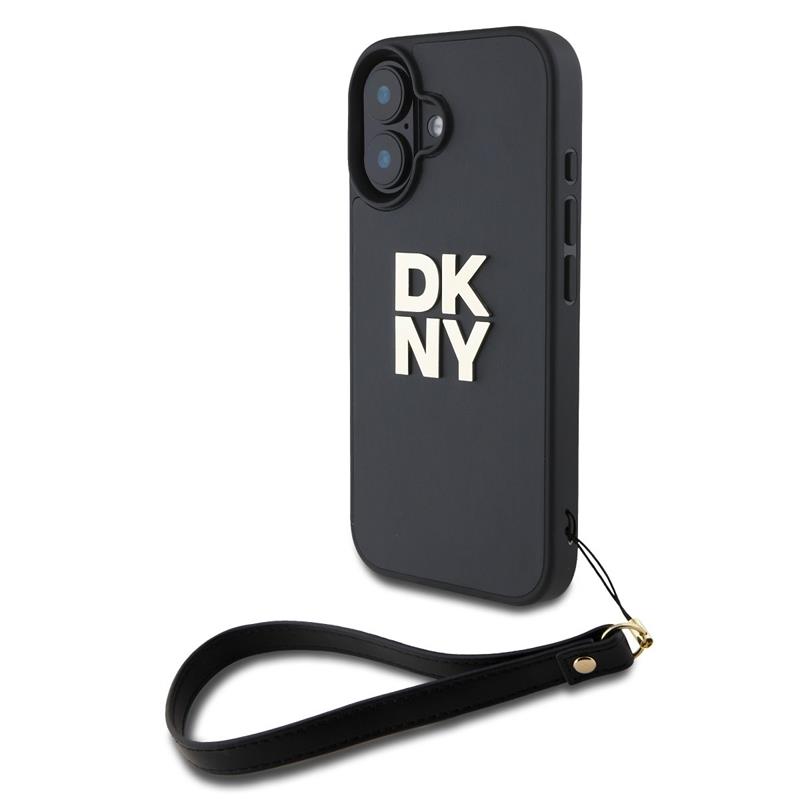 DKNY PU Leather Stack Logo Wrist Strap kryt iPhone 16 čierny