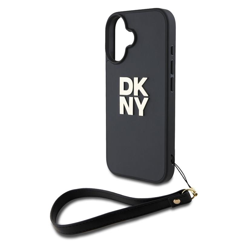 DKNY PU Leather Stack Logo Wrist Strap kryt iPhone 16 čierny