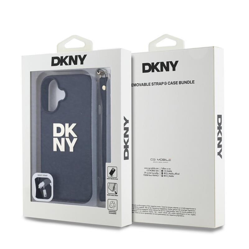 DKNY PU Leather Stack Logo Wrist Strap kryt iPhone 16 čierny