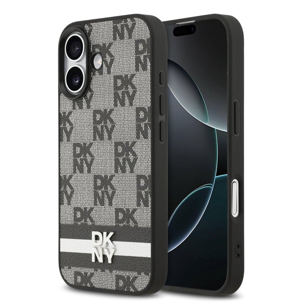 DKNY PU Leather Checkered Pattern and Stripe kryt iPhone 17 čierny