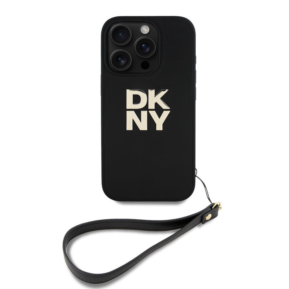 DKNY PU Leather Stack Logo Wrist Strap kryt iPhone 16 Pro Max čierny
