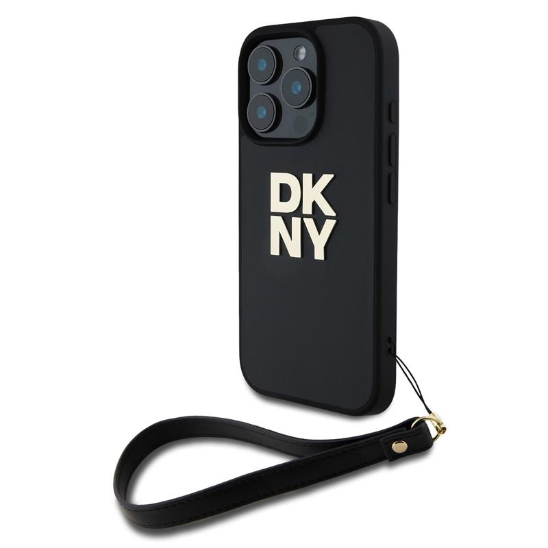 DKNY PU Leather Stack Logo Wrist Strap kryt iPhone 16 Pro Max čierny