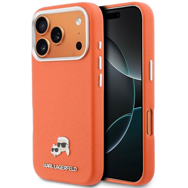 Karl Lagerfeld PU Karl and Choupette Heads Pins MagSafe kryt iPhone 17 Pro oranžový