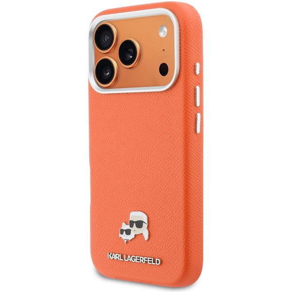 Karl Lagerfeld PU Karl and Choupette Heads Pins MagSafe kryt iPhone 17 Pro oranžový
