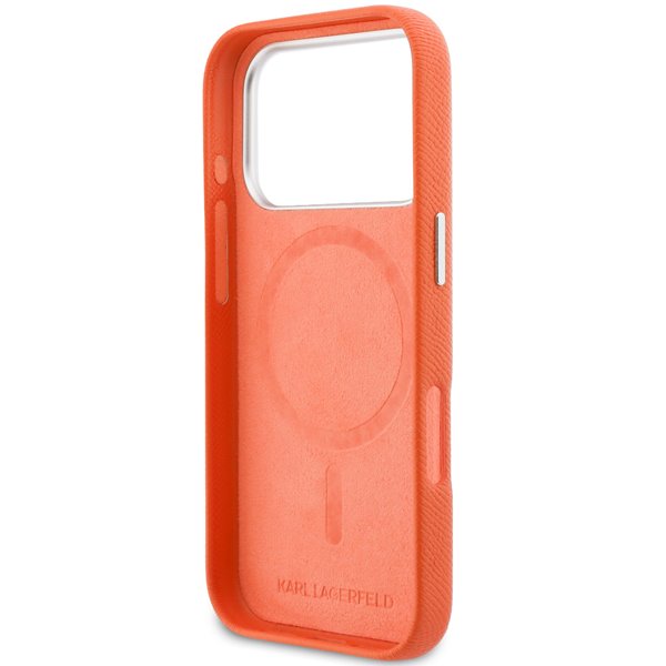 Karl Lagerfeld PU Karl and Choupette Heads Pins MagSafe kryt iPhone 17 Pro oranžový