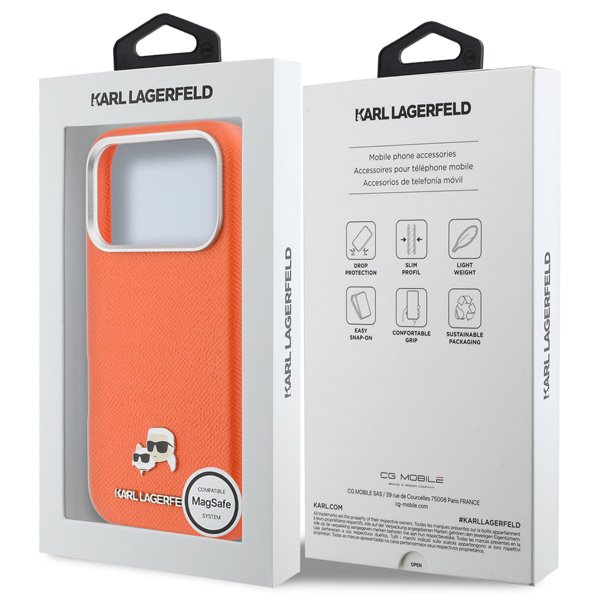 Karl Lagerfeld PU Karl and Choupette Heads Pins MagSafe kryt iPhone 17 Pro oranžový