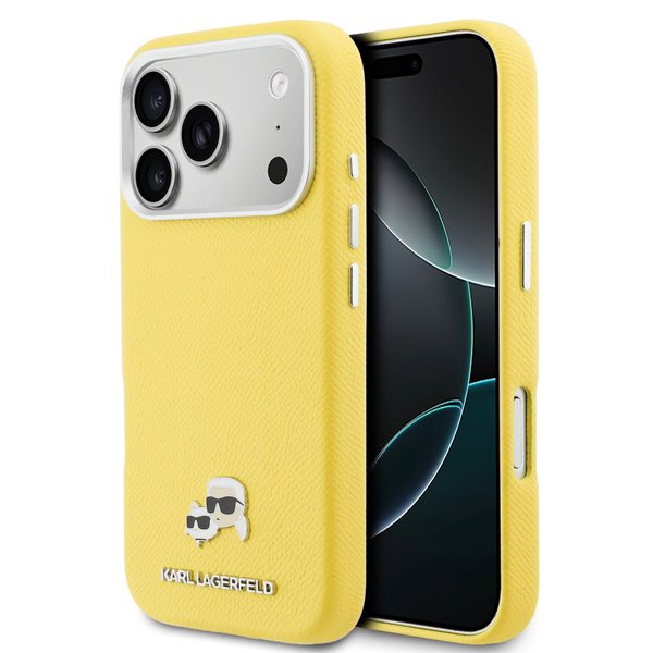 Karl Lagerfeld PU Karl and Choupette Heads Pins MagSafe kryt iPhone 17 Pro Max žltý
