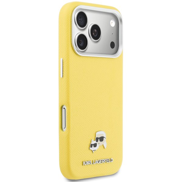 Karl Lagerfeld PU Karl and Choupette Heads Pins MagSafe kryt iPhone 17 Pro Max žltý