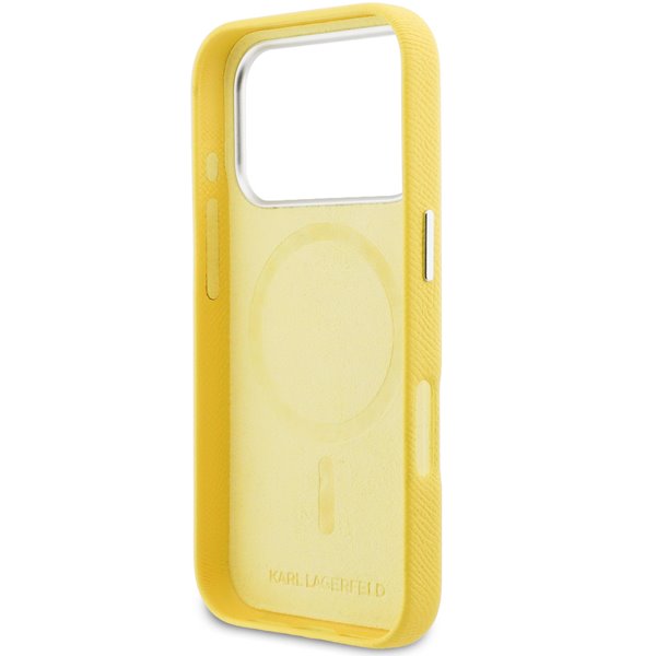 Karl Lagerfeld PU Karl and Choupette Heads Pins MagSafe kryt iPhone 17 Pro Max žltý