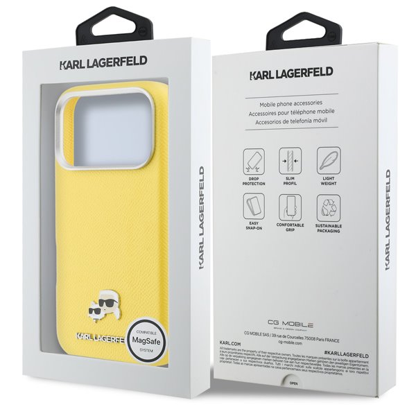 Karl Lagerfeld PU Karl and Choupette Heads Pins MagSafe kryt iPhone 17 Pro žltý