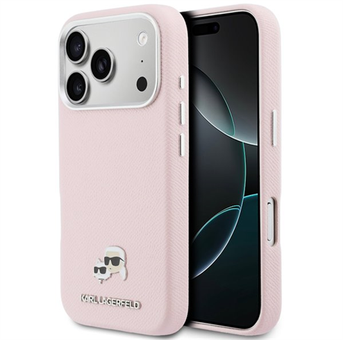 Karl Lagerfeld PU Karl and Choupette Heads Pins MagSafe kryt iPhone 17 Pro Max ružový