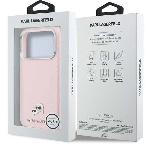 Karl Lagerfeld PU Karl and Choupette Heads Pins MagSafe kryt iPhone 17 Pro Max ružový