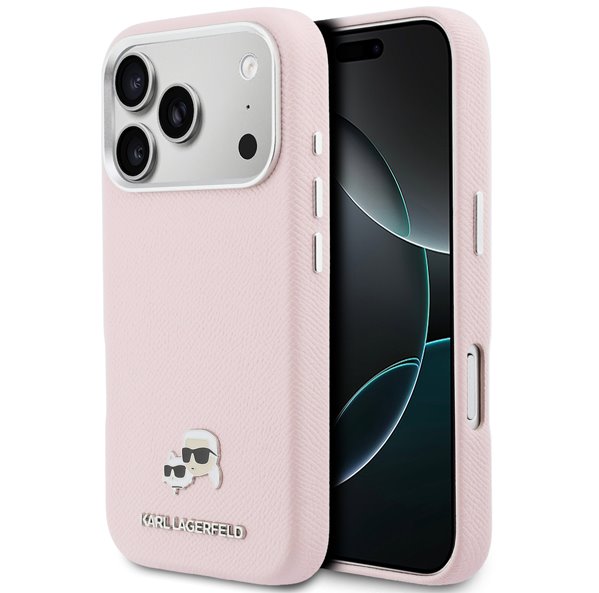 Karl Lagerfeld PU Karl and Choupette Heads Pins MagSafe kryt iPhone 17 Pro ružový